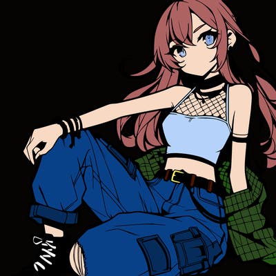 anime girl with a crop top and ripped jeans