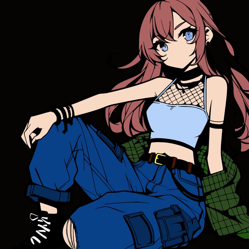 anime girl with a crop top and ripped jeans
