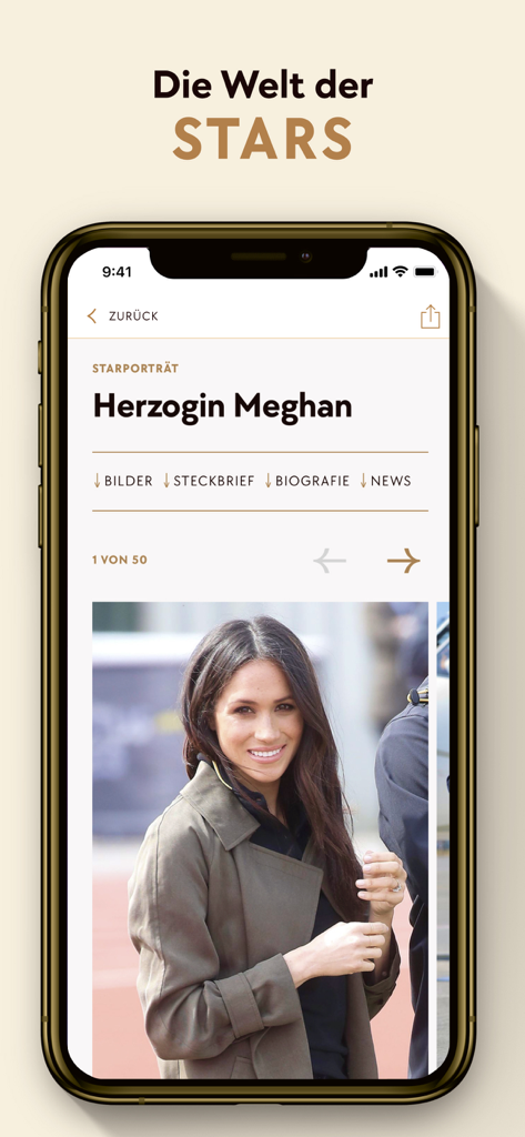 Gala Star News: Promis, Royals - Smartphone mit einem Promi-Porträt von Meghan Markle in der Gala Star News App.