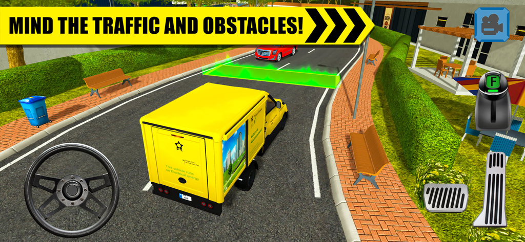 Yellow delivery van driving on a road with on-screen steering controls in Truck Driver Depot Parking
