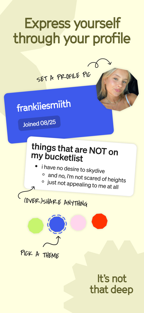 Ditto app profile screen showing a user's bucket list, profile picture, and theme selection options.