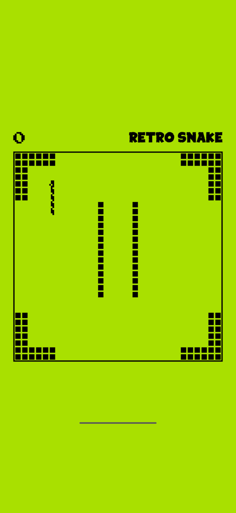 Interface do jogo mobile Retro Snake mostrando jogabilidade em pixel art em uma tela verde com obstáculos.