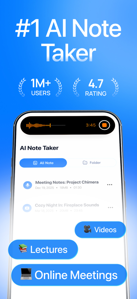 Mino AI Note Taker app interface showing recorded voice notes for meetings and lectures with a 4.7 star rating and over 1 million users.