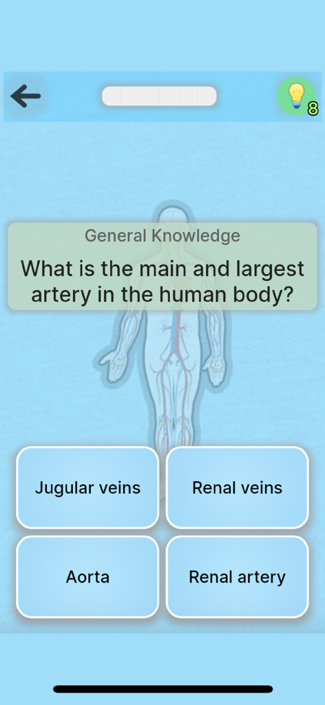 Anatomy Game - Una pantalla de cuestionario de opción múltiple de la aplicación Juego de Anatomía preguntando cuál es la arteria más grande del cuerpo humano.