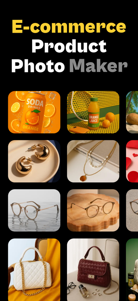 AI UGC Video Ads - Product Ads - Une galerie professionnelle présentant des photos de produits e-commerce pour des bijoux, accessoires et boissons