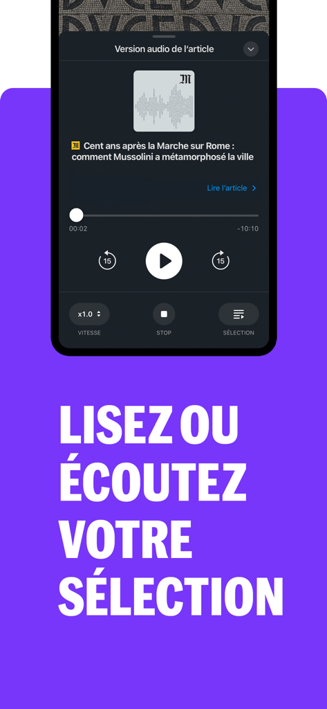 Audio player interface of the La Matinale du Monde app displaying a news article for listening