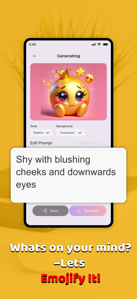 AI Emoji Maker. - AI Emoji Maker app interface showing a custom golden shy emoji generated from a text prompt