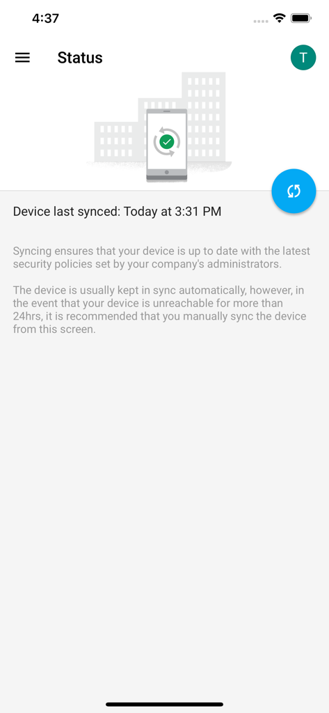 Pantalla de estado de la aplicación Google Device Policy que muestra la hora de la última sincronización y los detalles de la política de seguridad