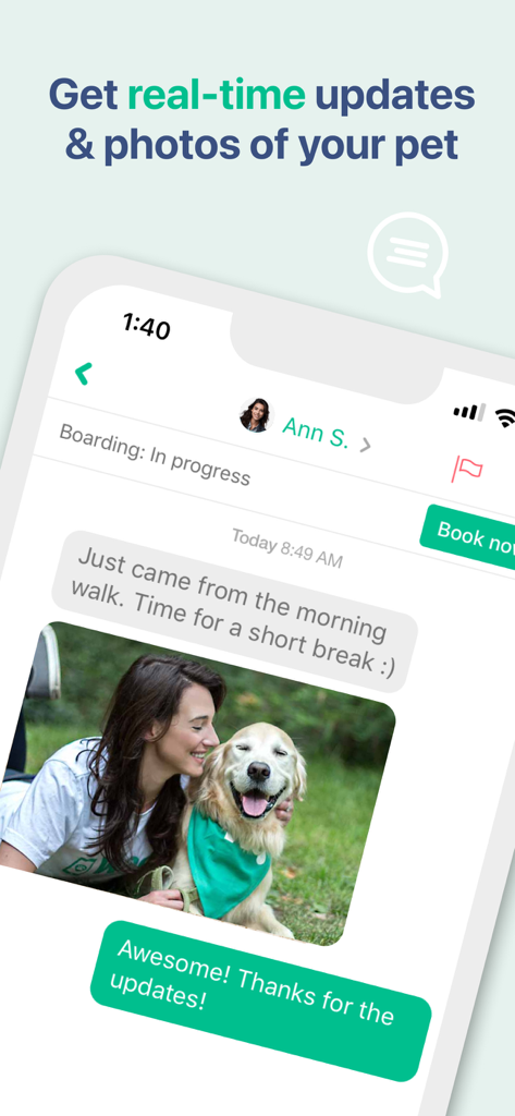 A mobile screen showing the Wag app chat interface with real-time updates and a photo of a dog from a caregiver