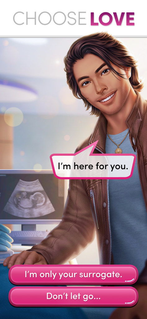 Choices: Stories You Play - Uma cena romântica em Choices Stories You Play com um personagem e botões de escolha de diálogo interativos