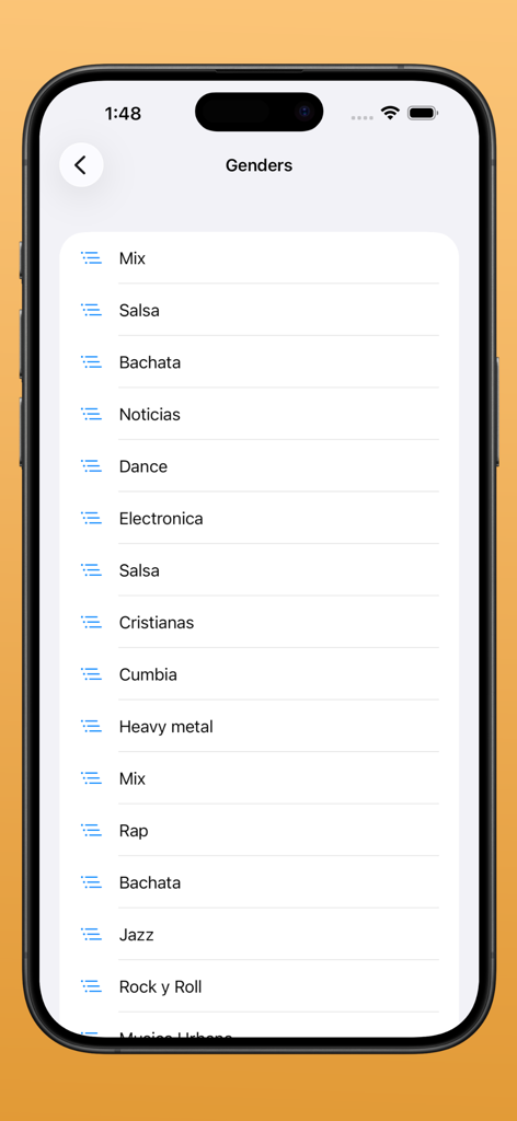 Radio FM & AM Streaming - Pantalla de selección de géneros en la aplicación eRadios con categorías de música como Salsa, Bachata y Cumbia.