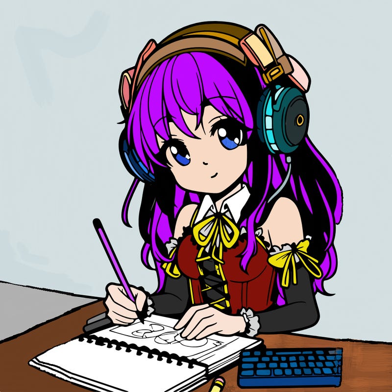 manga girl wearing headphones and drawing in sketchbook