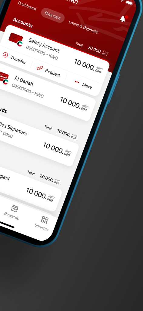 Gulf Bank Mobile Banking - Gulf Bank mobile app dashboard showing account balances and financial services in Kuwaiti Dinars