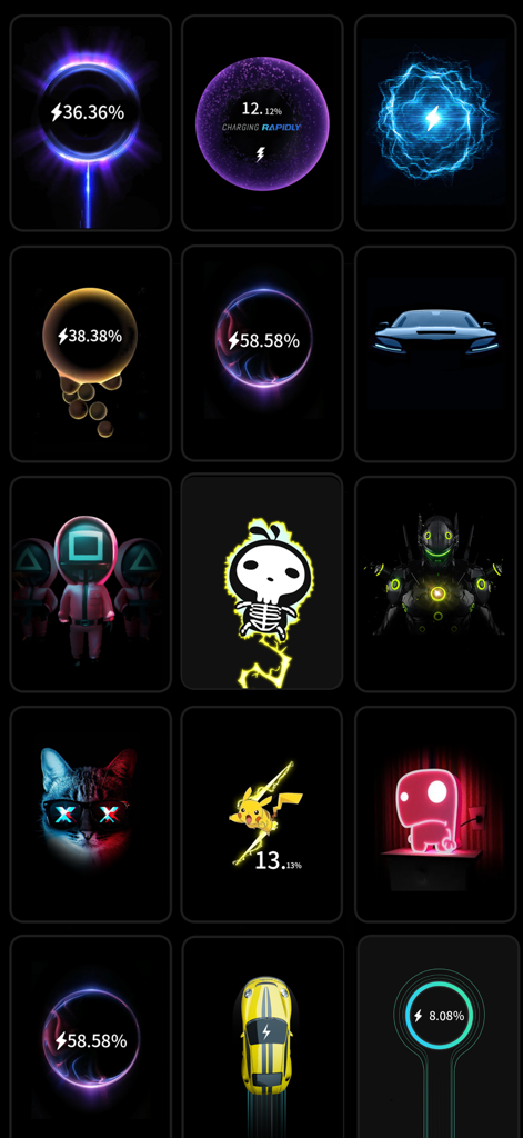 Pika! Charging show - A grid display of various creative charging animations including neon circles characters and cars