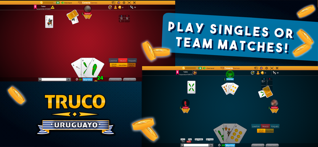 Truco Uruguayo - Screenshots of the Truco Uruguayo mobile app showing single and team card matches