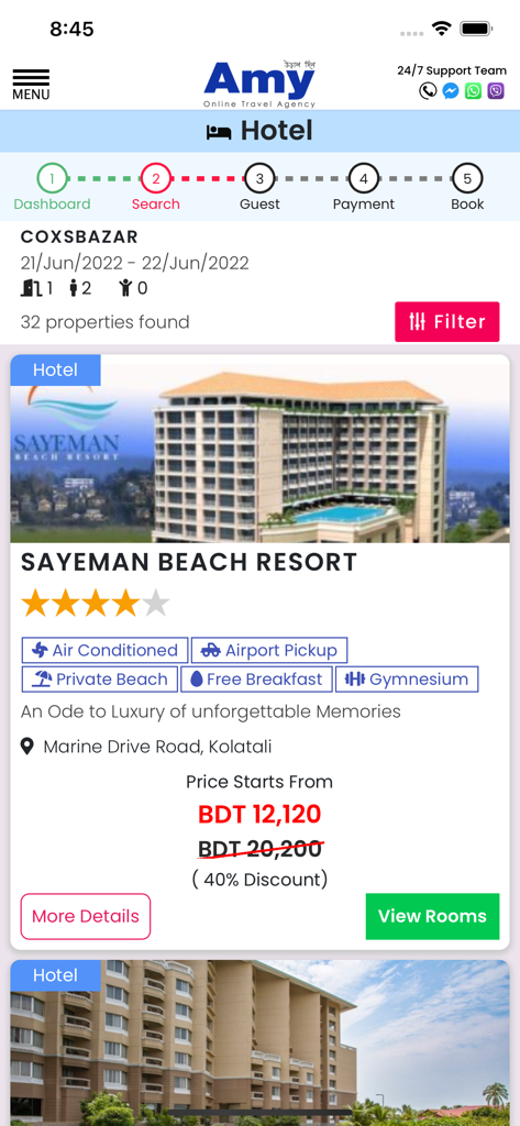 Résultats de recherche d'hôtels de l'application Amy BD pour Cox's Bazar montrant le Sayeman Beach Resort avec ses équipements et sa réduction.