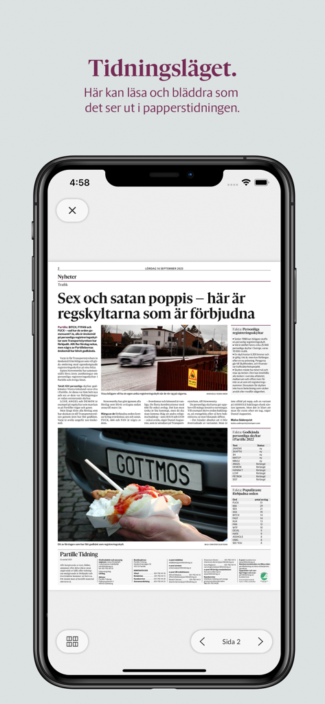 Partille Tidning E-Paper-App, die einen lokalen Nachrichtenartikel mit Zeitungs-Layout auf einem Smartphone-Bildschirm anzeigt