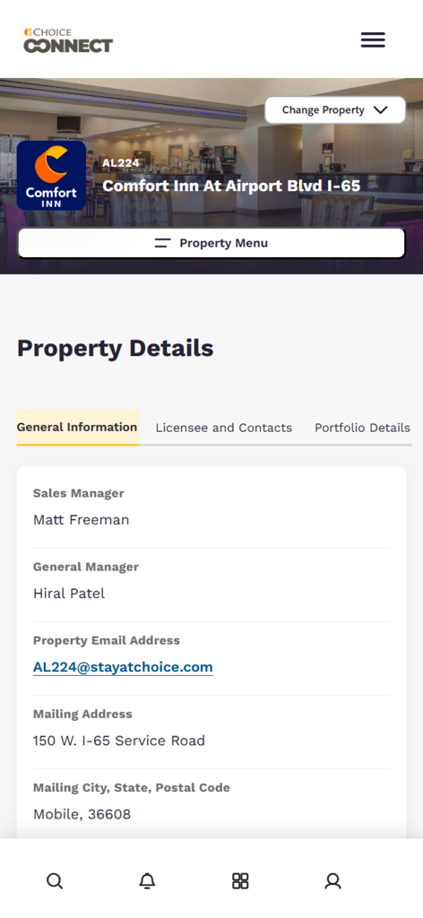 Comfort Inn 프랜차이즈의 관리자 이름 및 주소를 포함한 숙소 세부 정보를 표시하는 ChoiceConnect 앱 화면입니다.