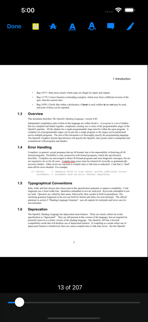 PDF Notes - 강조 표시 및 그리기 주석 도구가 있는 기술 문서가 표시된 PDF Notes 앱 인터페이스 스크린샷