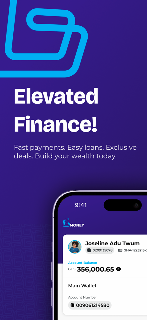 G-Money App - G-Money app interface showing a user profile with account balance and digital wallet details