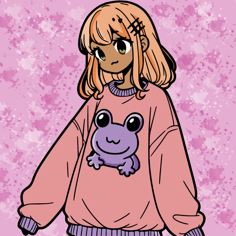 girl wearing frogging sweatshirt