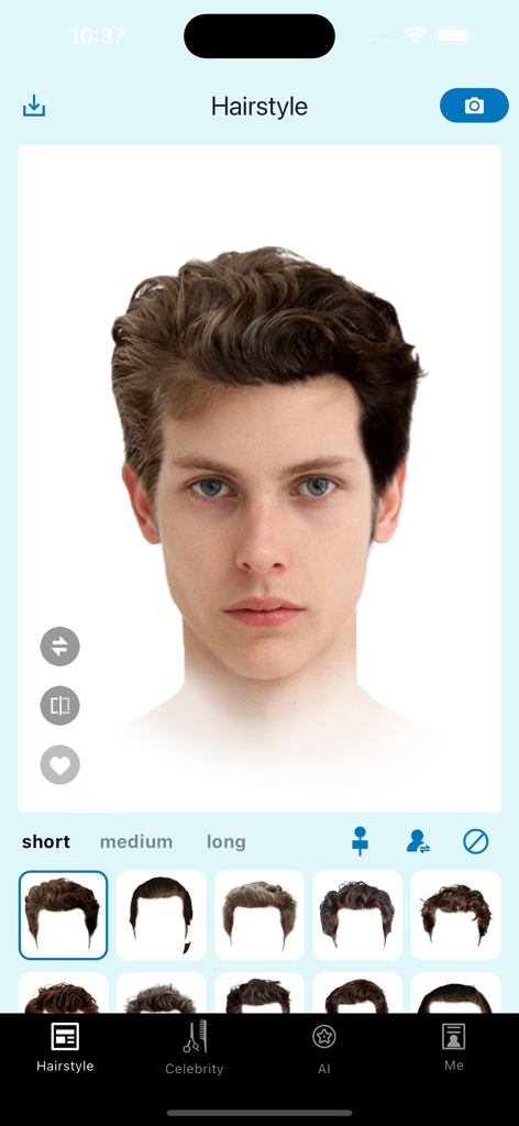 ヘアフィルターアプリを使って、短いウェーブヘアスタイルをバーチャルでお試し中の男性