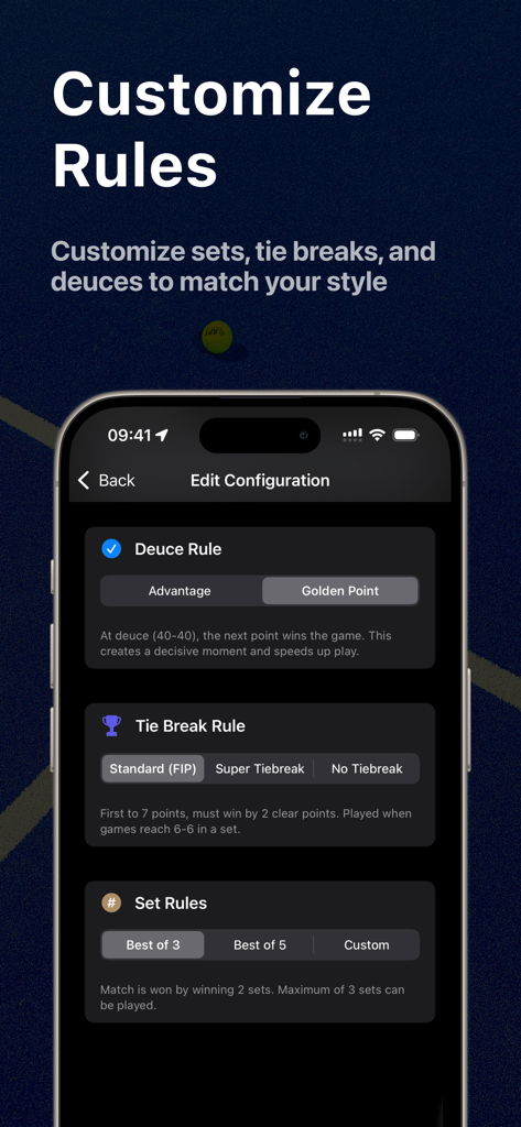 Padel Tracker PadelTick - PadelTick app interface showing match rule customization for deuce and tie breaks