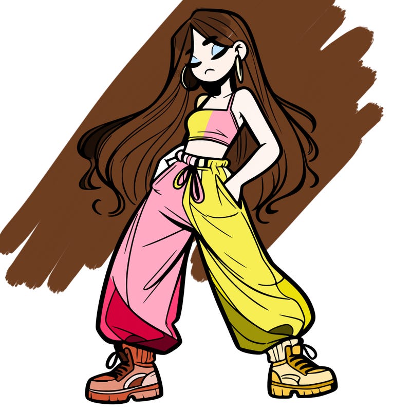 girl in baggy pants crop top and long hair