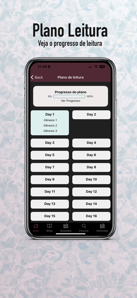 Bíblia Almeida Atualizada - Tela do plano de leitura da Bíblia no aplicativo Bíblia Almeida Atualizada, mostrando escrituras diárias e rastreador de progresso.