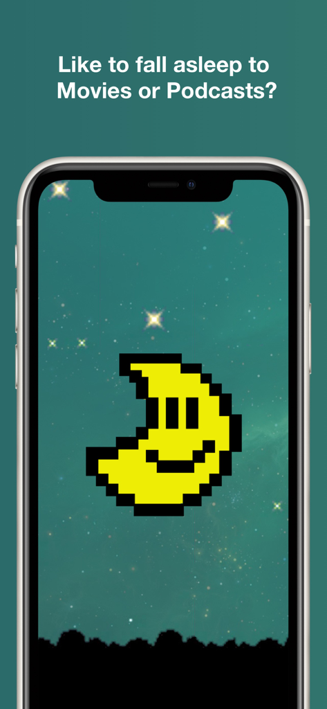 MoonFlix - MoonFlix app screen showing a pixel art smiling moon on a starry background with text asking if you like to fall asleep to movies or podcasts.