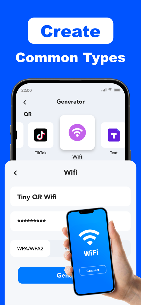 Tiny QR Barcode Scanner Reader - Interface of the Tiny QR app showing the process of creating a Wi-Fi QR code for easy sharing.