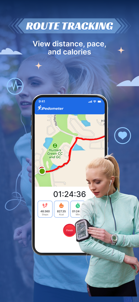 Schermata dello smartphone che mostra un percorso di camminata su una mappa con statistiche di distanza e calorie