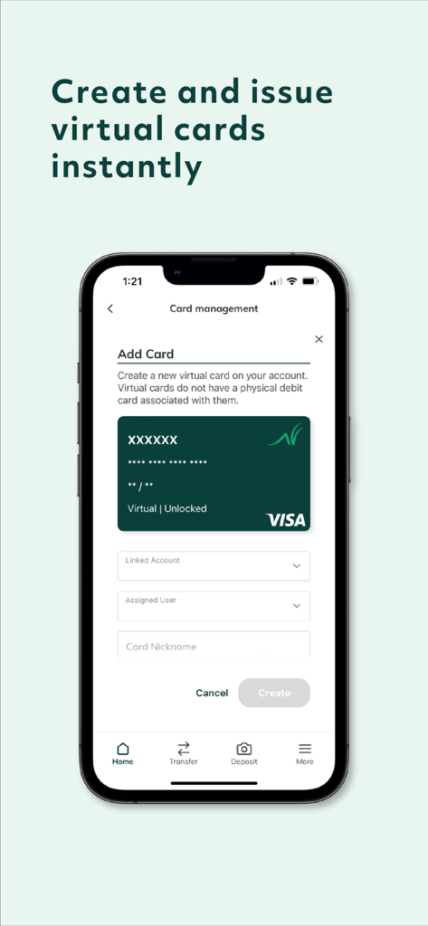 Grasshopper Bank Business - A screenshot of the Grasshopper Bank Business app interface for creating and issuing virtual Visa cards instantly.