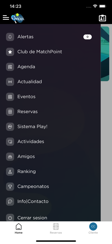 Coronado Padel Center - Menú de navegación de la app Coronado Padel Center que muestra funciones del club deportivo como reservas y rankings