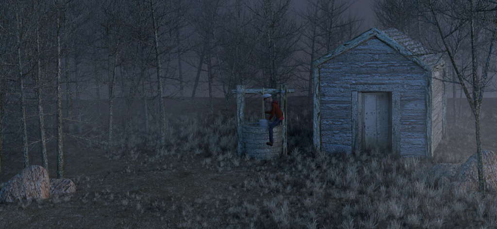 A character sitting on a well next to a wooden cabin in a dark forest