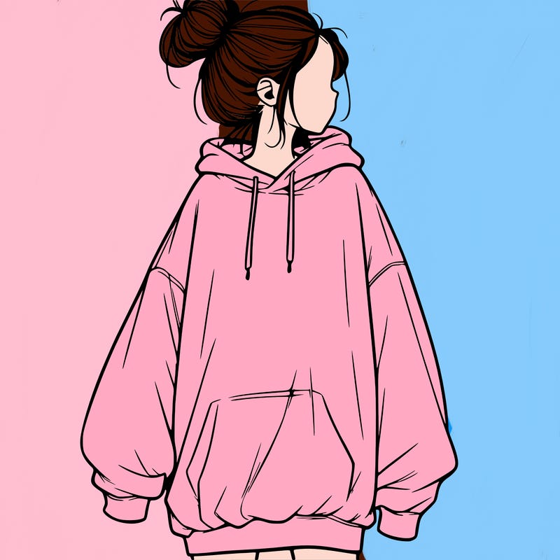 realistic girl with a oversized sweatshirt on and a bun