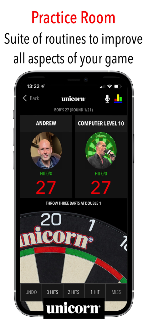 Russ Bray Darts Scorer Pro - Interface da sala de treino do Russ Bray Darts Scorer Pro mostrando o modo de jogo Bob's 27 contra um computador de nível 10