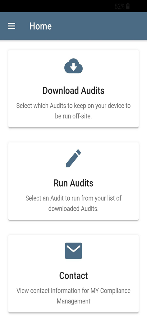 MY Audits - Main dashboard of the MY Audits app showing options to download and run audits