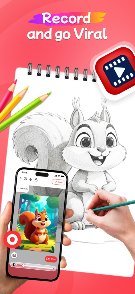 Sketch Trace Draw, AR App - 사람이 AR 드로잉 앱을 사용하여 휴대폰에서 화려한 원본을 보면서 공책에 다람쥐 스케치 과정을 녹화하고 있습니다.