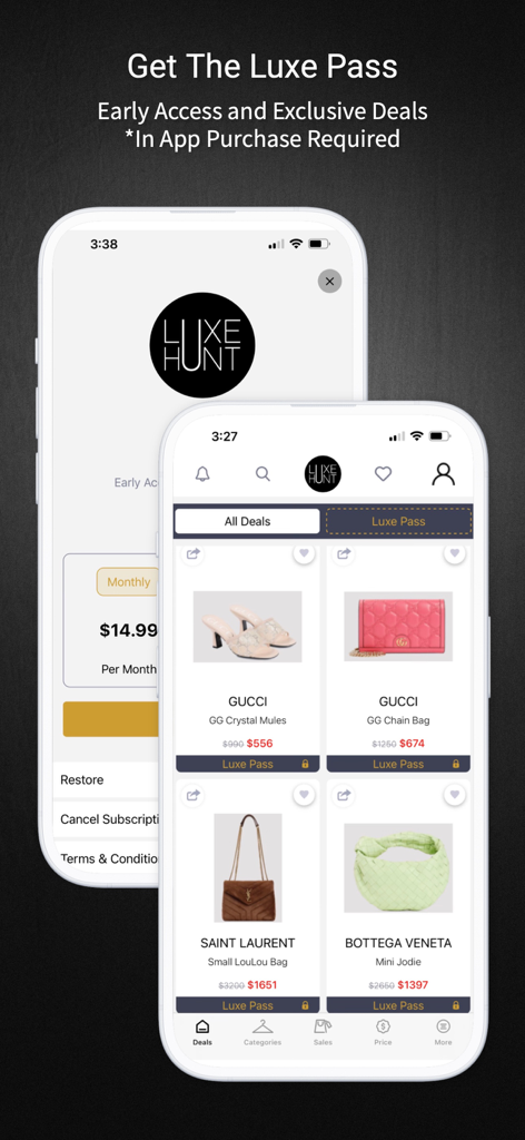 Luxe Hunt App-Oberfläche mit rabattierten Luxusgütern und exklusiven Luxe Pass-Angeboten