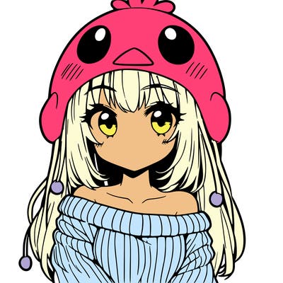 anime girl with chick shaped hat with sweater with bare shoulders with bangs covering them one eye with low tail