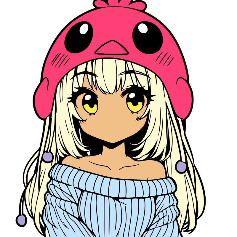 anime girl with chick shaped hat with sweater with bare shoulders with bangs covering them one eye with low tail