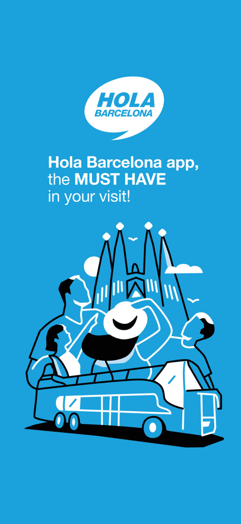Hola Barcelona app welcome screen showing a tourist bus in front of Sagrada Familia