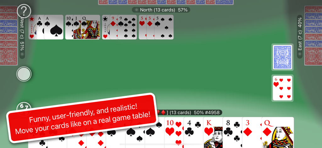 Scala 40 Online or Alone - Screenshot di gioco del gioco di carte Scala 40 con un realistico tavolo verde e le carte del giocatore