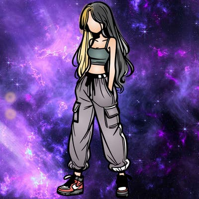 girl in baggy pants crop top and long hair