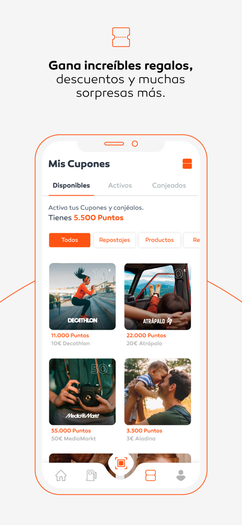 Pantalla de la aplicación Mundo Galp que muestra cupones disponibles y puntos de fidelidad para marcas como Decathlon y MediaMarkt