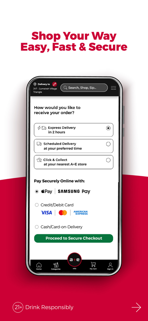 Delivery and payment options on the African plus Eastern UAE mobile app