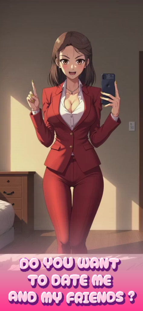 Love Loop! - Una chica de anime con traje de negocios rojo tomándose una selfie en el simulador de citas Love Loop