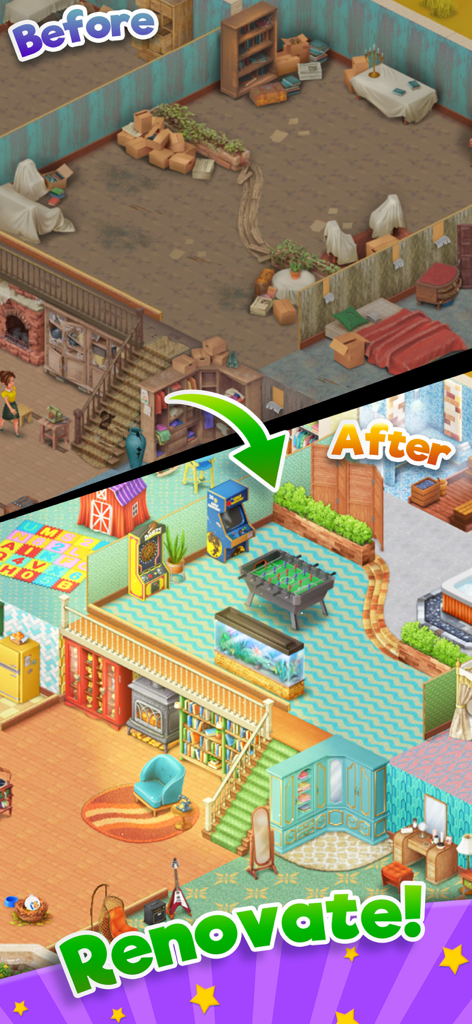 Farmhouse Story - Before and after comparison of a home renovation showing a messy room transformed into a colorful decorated living space