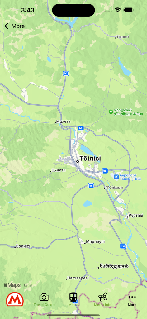 Tbilisi metro maps - Mapa topográfico de la ciudad de Tiflis en la interfaz de la aplicación de navegación móvil